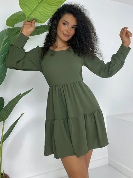 Yuvarlak Yaka Beli Lastikli Eteği Katlı Ayrobin Elbise -Haki - Resim 2