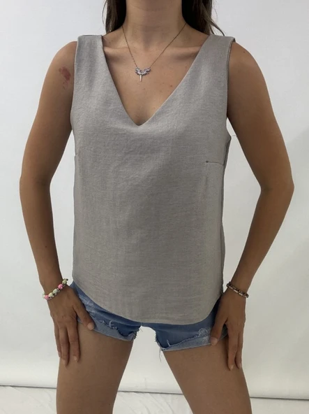 V Yaka Sıfır Kol  Keten Bluz    -Gri ürün görseli 1