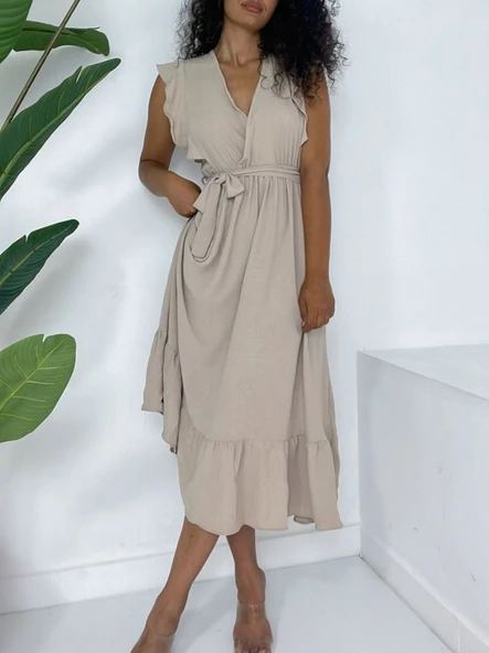 Omuzları Fırfırlı Sıfır Kol Beli Lastikli Bağcıklı Ayrobin Elbise -Vizon - Resim 2