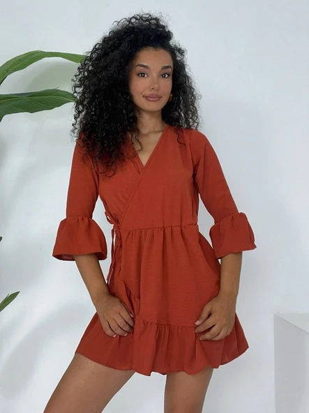 Eteği Ve Kolları Fırfırlı Beli Lastikli Ayrobin Elbise  -Kiremit ürün görseli 1