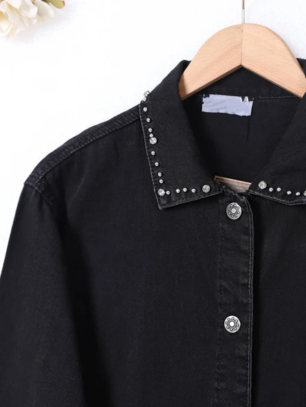 Yaka Ve Ceplerinde Taş İşlemel Kot Ceket -Siyah - Resim 3