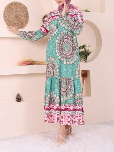 Parçalı Deseli Bağcıklı Kolu Lastikli Elbise  -Yeşil - Resim 4