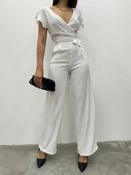 Fermuar Detaylı Fırfırlı Tulum   -Beyaz - Resim 4