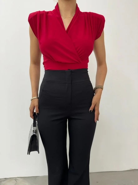 Sıfır Kol Vatkalı Kruvaze Model Sandy Bluz -Bordo - Resim 9