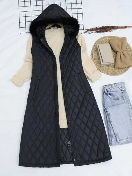 Çıkma Kapşonlu Kapitone Uzun Yelek -Siyah - Resim 3