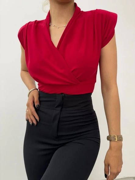 Sıfır Kol Vatkalı Kruvaze Model Sandy Bluz -Bordo - Resim 8