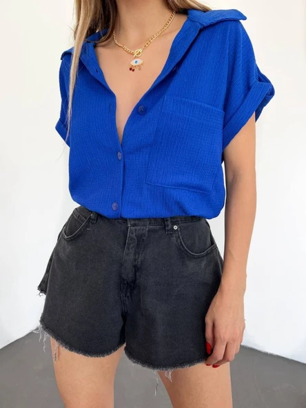 Duble Kol Tek Cepli Bürümcük Gömlek  -Saks ürün görseli 1