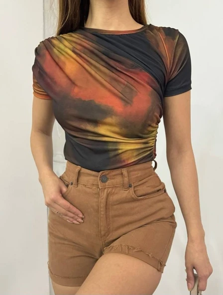 Bel Omuz Büzgülü Batik Baskı Sendy Bluz  -Kiremit ürün görseli 1