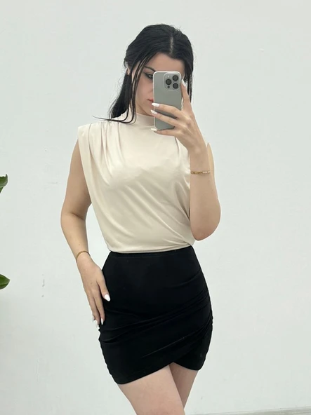 Sıfır Kol Vatkalı Sandy Bluz -Bej - Resim 2