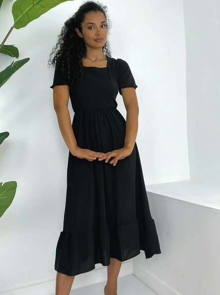 Kare Yaka Beli Lastikli Kısa Kol Ayrobin Elbise -Siyah ürün görseli 1