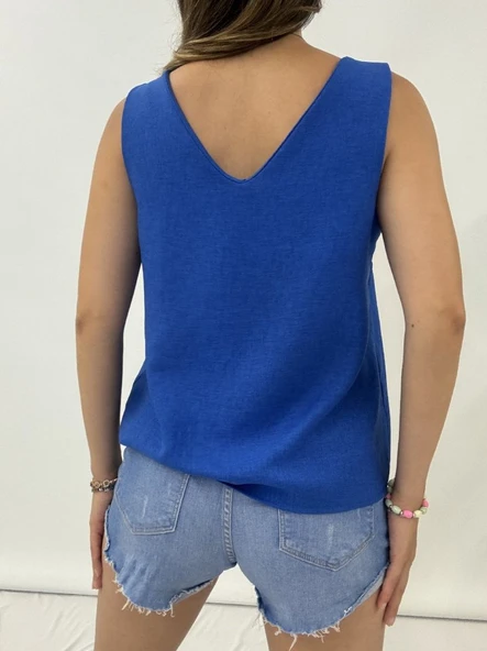 V Yaka Sıfır Kol  Keten Bluz  -Saks - Resim 5