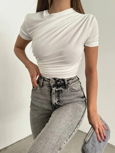 Çapraz Büzgülü Kısa Kol Sandy Bluz -Beyaz - Resim 2