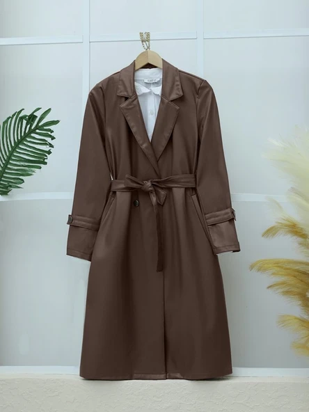 Kemerli Yan Cepli Deri Trenckot -Kahve ürün görseli 1