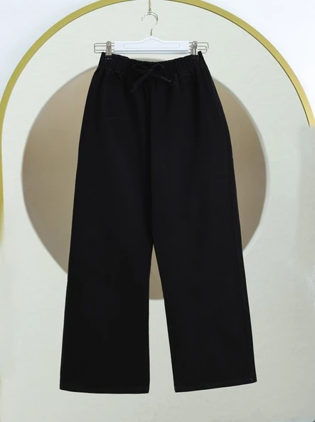 Bol Paça Beli Lastikli Bağcık Detaylı Kot Pantolon  -Siyah ürün görseli 1