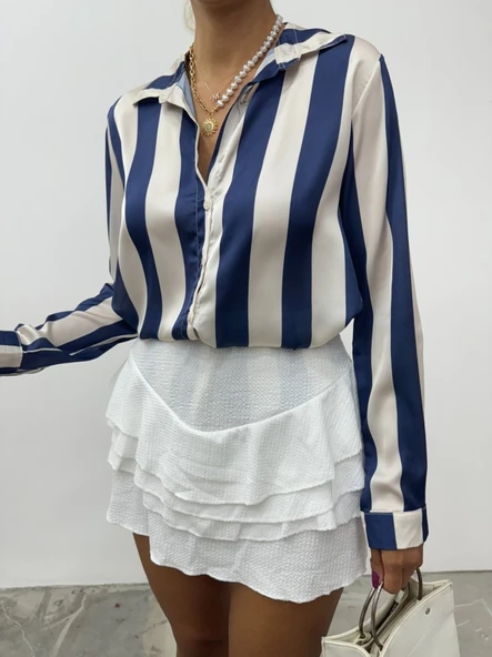 Boydan Düğmeli Arkası Uzun Saten Gömlek-Laci - Resim 2