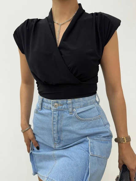Sıfır Kol Vatkalı Kruvaze Model Sandy Bluz -Siyah - Resim 2
