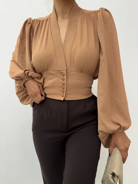 Düğmeli Arkası Lastikli Balon Kol Sandy Crop     -Vizon - Resim 5