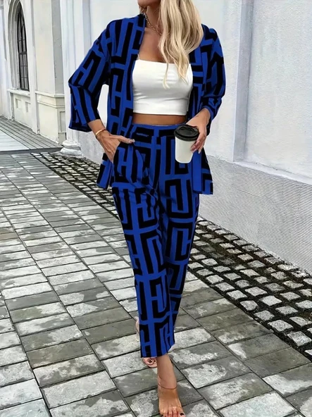 Kadın Uzun Kollu önü Açık Desenli Iki Iplik Ceket Ve Pantolon Ikili Takım - Resim 3