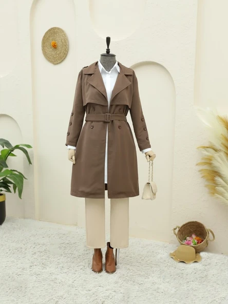 İç Astarlı Düğmeli Kemerli Trençkot  -Kahve - Resim 2