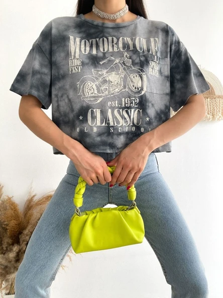 Motosiklet Baskılı Yıkamalı Crop Tişort -Gri - Resim 2
