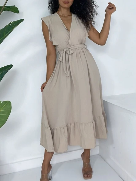 Omuzları Fırfırlı Sıfır Kol Beli Lastikli Bağcıklı Ayrobin Elbise -Vizon - Resim 3