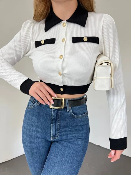 Düğmeli Cep Detaylı Crop Hırka -Beyaz - Resim 3