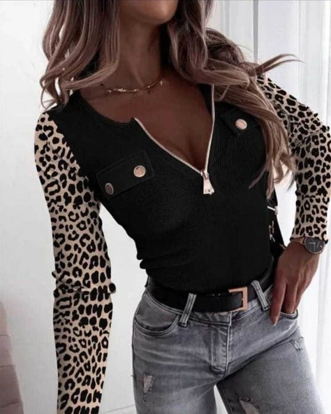 Kadın Uzun Kollu Leopar Desenli Fermuarlı önden Cep Ve Düğme Detaylı Kaşkorse Bluz ürün görseli 1