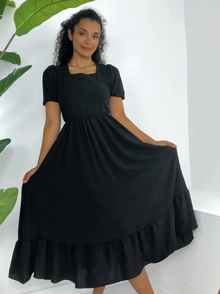 Kare Yaka Beli Lastikli Kısa Kol Ayrobin Elbise -Siyah - Resim 2