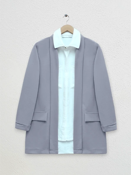 Yakası Ve Kolu Katlamalı Cep Detaylı Krep  Ceket -Gri - Resim 5