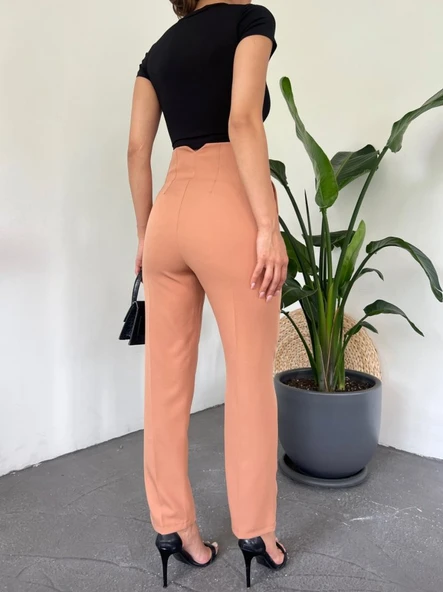 Yüksek Bel Cep Detaylı Fermuarlı Pantolon  -Tarçın - Resim 2