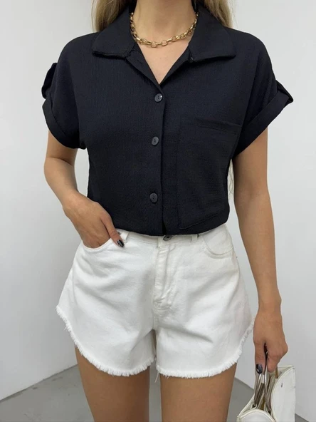 Duble Kol Tek Cepli Bürümcük Gömlek  -Siyah - Resim 2