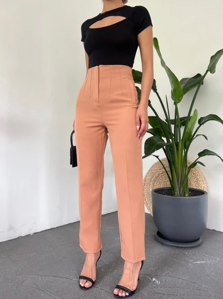 Yüksek Bel Cep Detaylı Fermuarlı Pantolon  -Tarçın - Resim 4