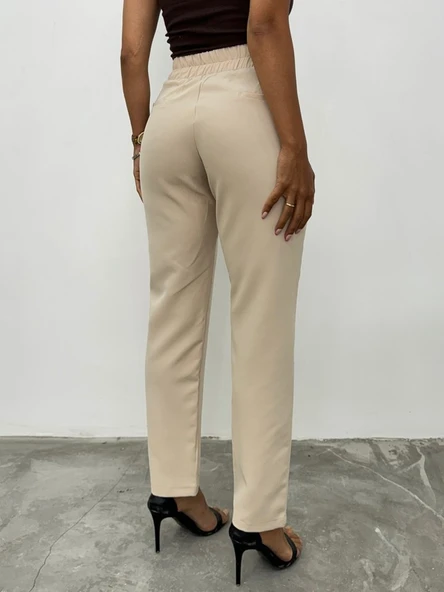 Beli Lastikli Cepli Metal Detaylı Pantolon -Bej - Resim 2
