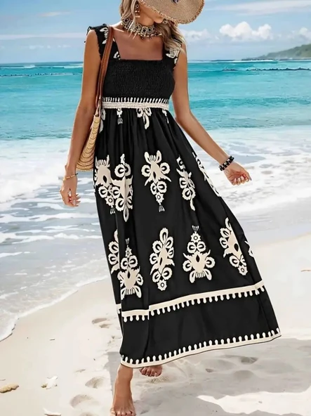 Kadın Askılı Kare Yaka Gipe Detaylı Desenli Suprem Elbise ürün görseli 1