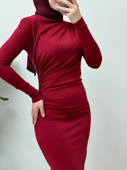 Yanı Büzgülü Uzun Skuba Elbise -Bordo - Resim 8