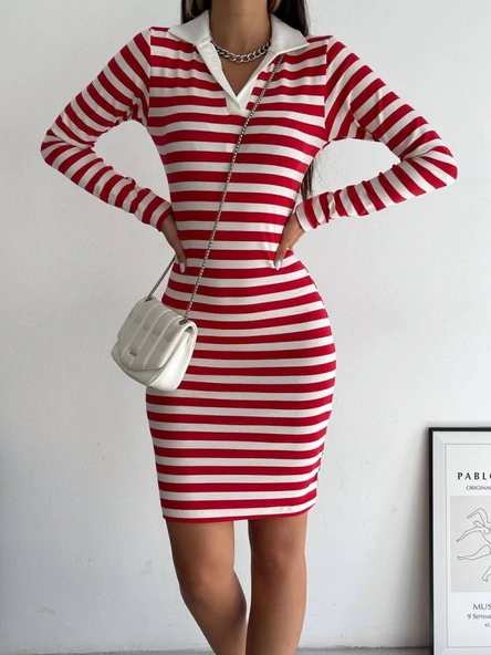 Yakalı Çizgili Uzun Kol Elbise -Kırmızı - Resim 2