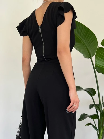 Fermuar Detaylı Fırfırlı Tulum -Siyah - Resim 2