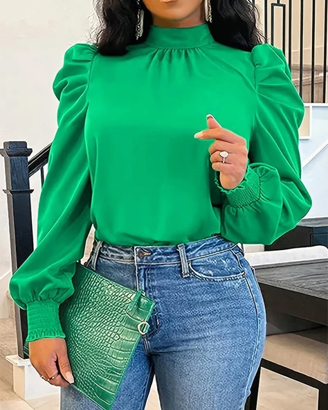 Kadın Uzun Kollu Balıkçı Yaka Arkadan Bağlamalı Omuzlardan Balon Ithal Krep Bluz ürün görseli 1