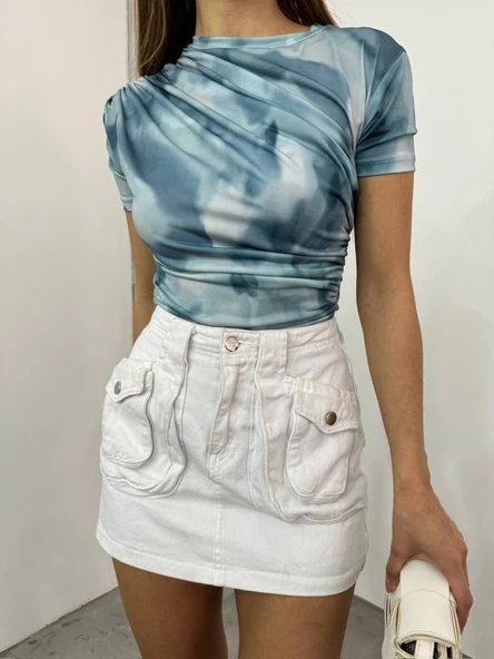 Bel Omuz Büzgülü Batik Baskı Sendy Bluz -Açık Mavi - Resim 2