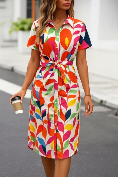 Kadın Kısa Kollu Yakalı önü Düğmeli önden Drapeli Desenli Süprem Elbise ürün görseli 1