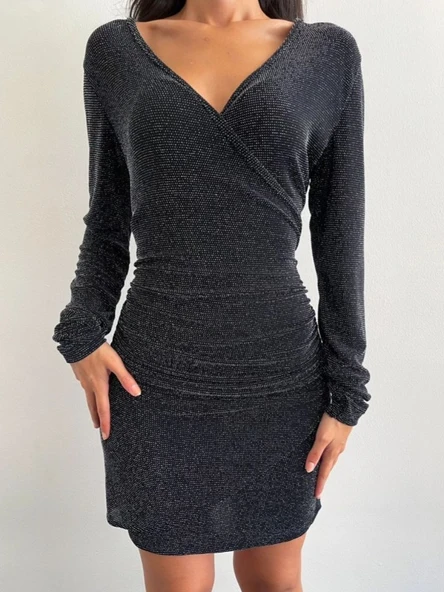 Uzun Kollu Kruvaze Simli Elbise -Siyah - Resim 2