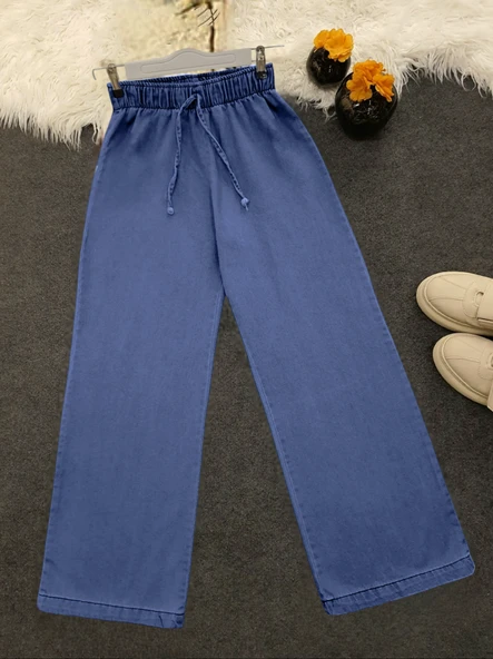 Bol Paça Beli Lastikli Bağcık Detaylı Kot Pantolon  -Koyu Mavi ürün görseli 1