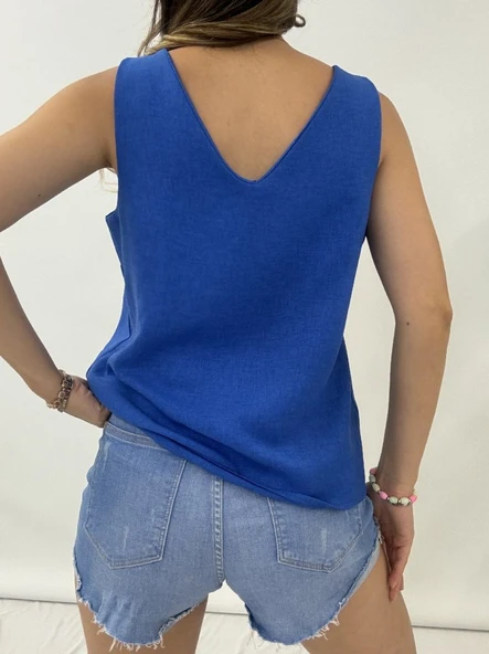 V Yaka Sıfır Kol  Keten Bluz  -Saks - Resim 4