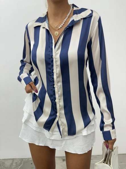 Boydan Düğmeli Arkası Uzun Saten Gömlek-Laci ürün görseli 1