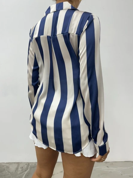 Boydan Düğmeli Arkası Uzun Saten Gömlek-Laci - Resim 3