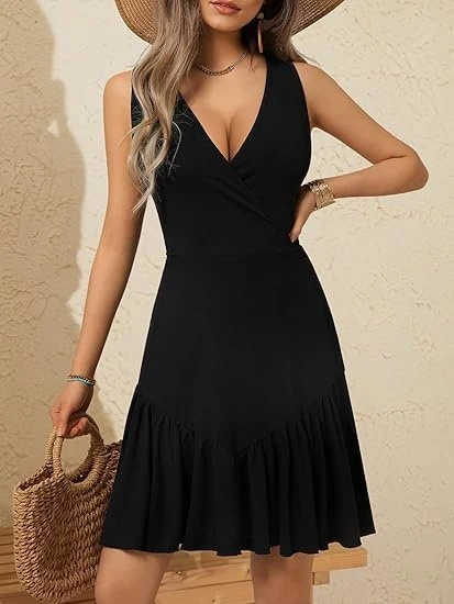 Kadın Askılı Kruvaze Yakalı Fırfırlı Janjan Krep Elbise - Resim 4