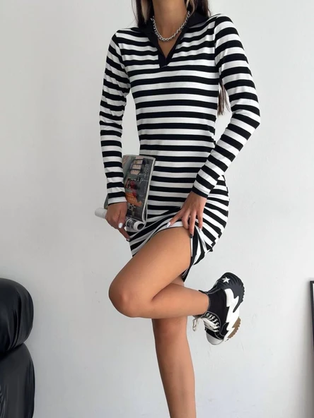 Yakalı Çizgili Uzun Kol Elbise -Siyah - Resim 2