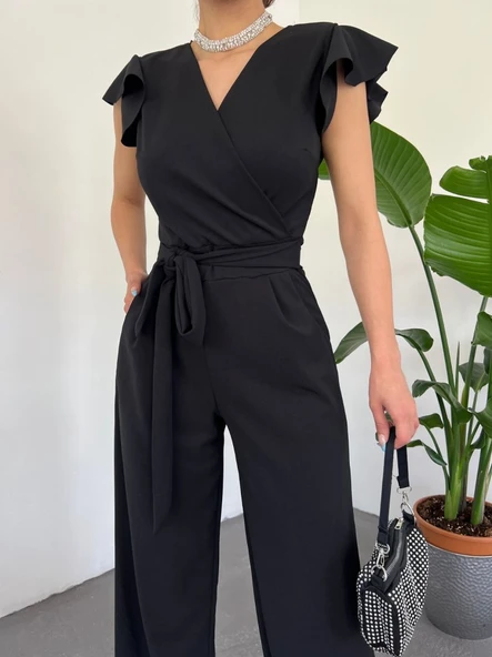 Fermuar Detaylı Fırfırlı Tulum -Siyah - Resim 3