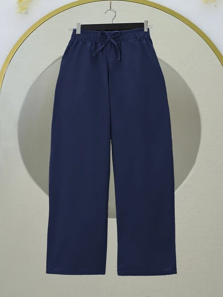 Bağcık Detaylı Bol Paça Beli Lastikli Keten Pantolon -K.Laci ürün görseli 1