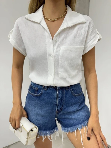 Duble Kol Tek Cepli Bürümcük Gömlek  -Beyaz - Resim 3